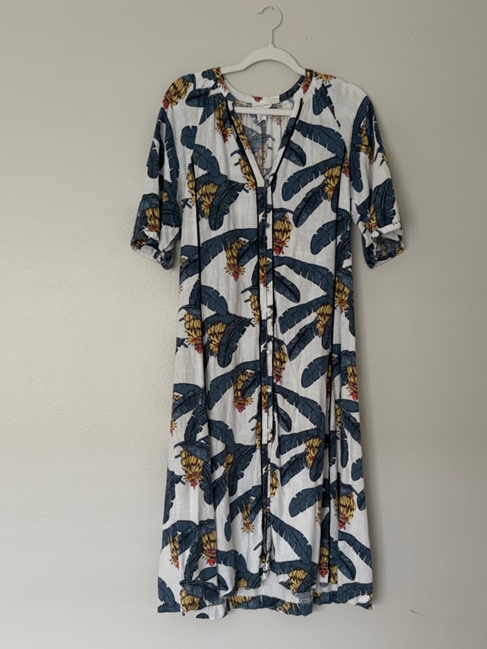 H&M White Midi Dress with Navy Leaf and Yellow Floral Motif
